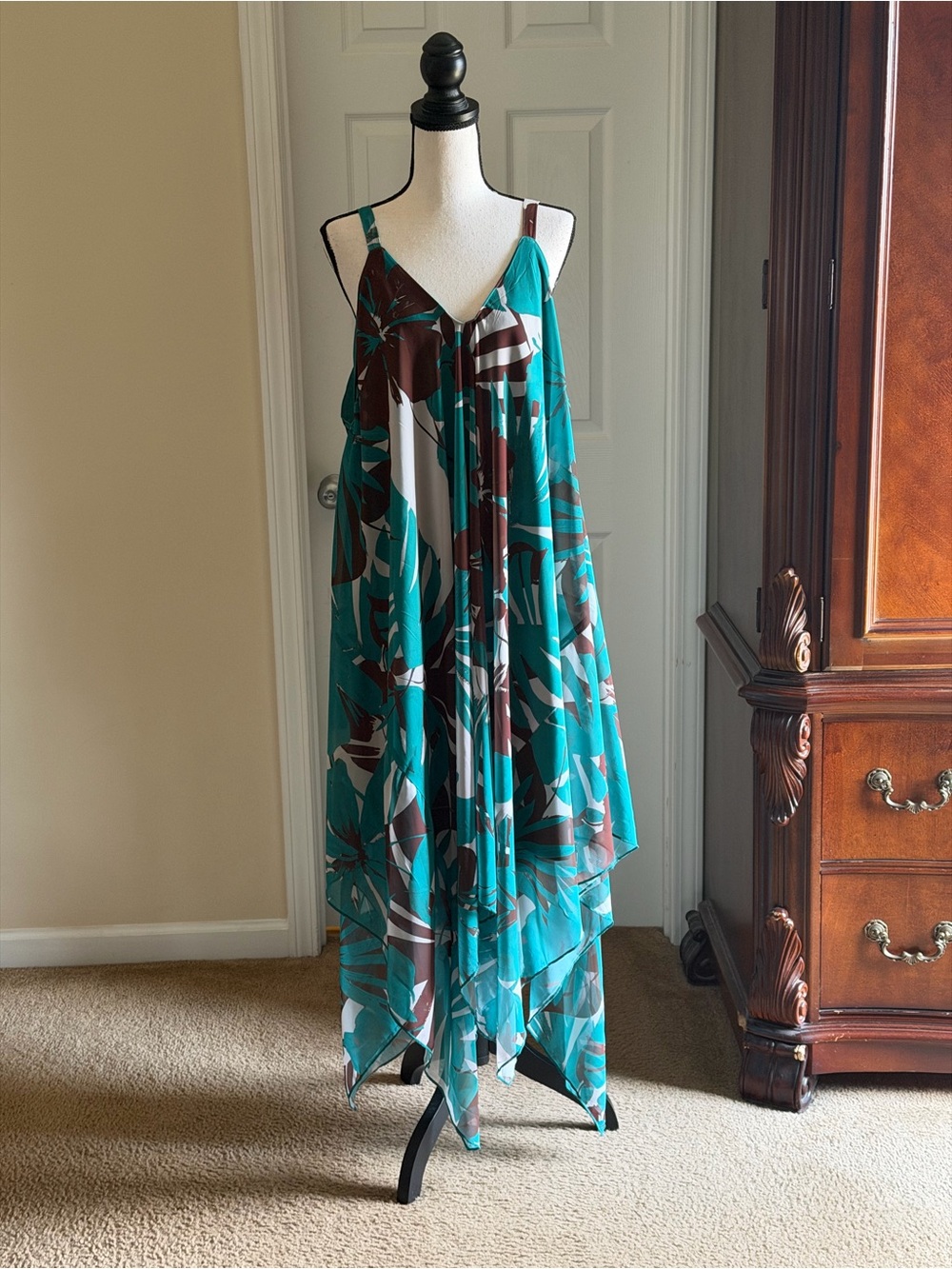 Flowy Teal Tropical Print Handkerchief Hem Dress